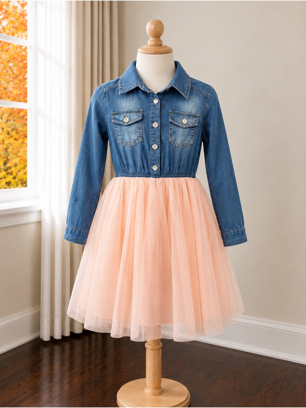 Zunie Blue Denim Shirt with Pink Tulle Skirt Girls Dress